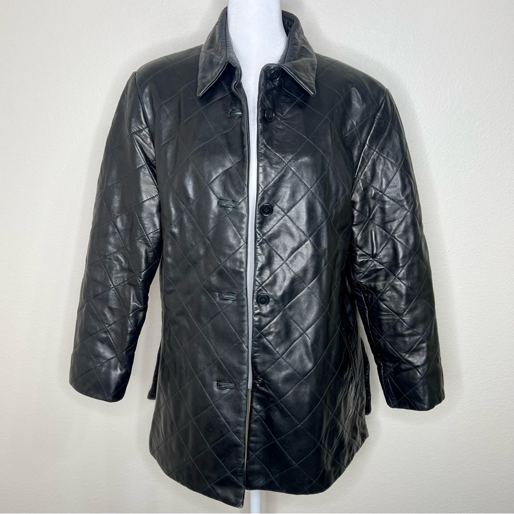 Iris Singer Black Quilted Button Front Leather Ja… - image 1